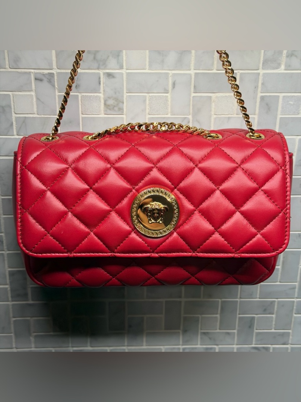 Versace Quilted Lamb Leather Medusa Shoulder Bag Dark Red Gold Chain New - Picture 10 of 11